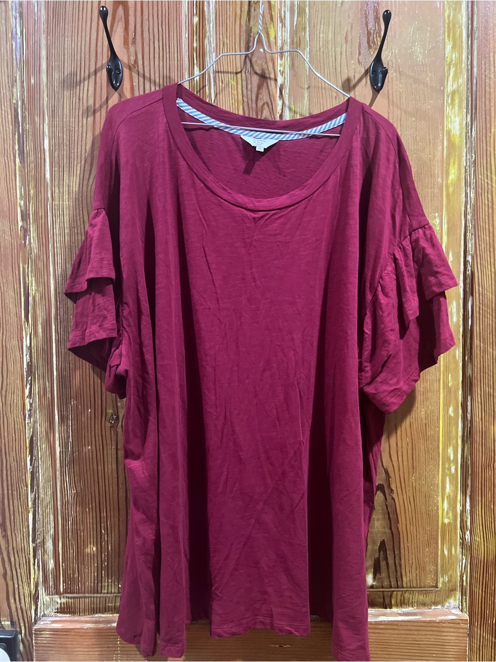crown & ivy Burgundy Ruffle Sleeve Scoop Neck Top